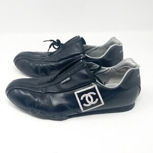 Vintage CHANEL CC Logo Zip Up Sneakers Leather Trainers EU 37 Black